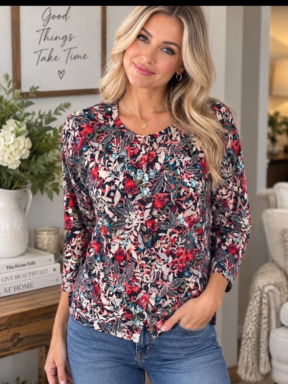 Christopher & Banks Floral Long-sleeve cardigan in Red, Blue, Cream
